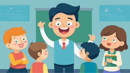 Fototapeta premium The proud expression on a childs face as their teacher praises their unique and creative piece.. Vector illustration
