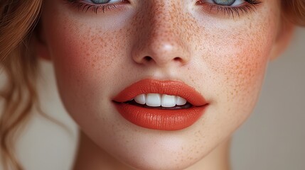 Fototapeta premium Natural lip makeup showcases lip work and dental care, a beautiful smile with peach lipstick