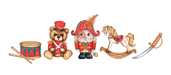 Fototapeta premium Set of children's toys with rocking horse, military bear, drum, saber and nutcracker watercolor illustration. Toys for the decoration of children's parties, Christmas and New Year, isolated from 