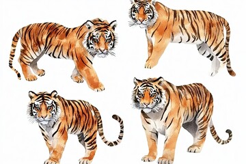 Set of watercolor fierce tigers hand drawn on a white background