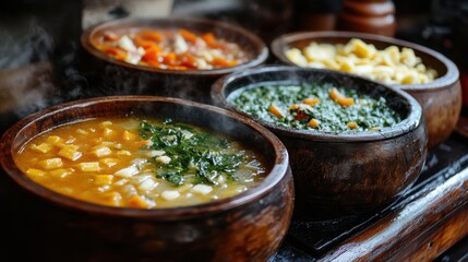 A cozy scene of autumn soups, simmering on the stove in rustic wooden bowls, inviting warmth on a cool day.