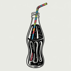 Retro glass soda bottle with fizzy drink and striped paper straw illustration
