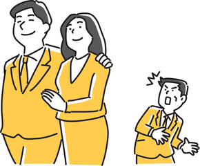 イチャイチャする男女に驚く男性