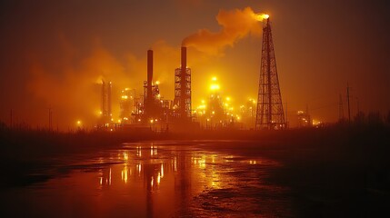 Obraz premium Oil pumps extract fuel at night, with a network, showing pollution's effect