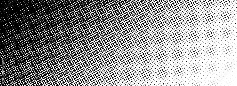 Poster Black halftone gradient background. Fading overlapping dotted half tone texture. Vanishing slanted polka dot wallpaper. Raster pixel gradation pattern cover. Vector comic pop art overlay backdrop
