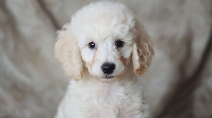  Cute and Fluffy White Poodle Puppy Portrait in Studio Setting. Adorable Pet with Soft Fur in a Bright and Cheerful Environment