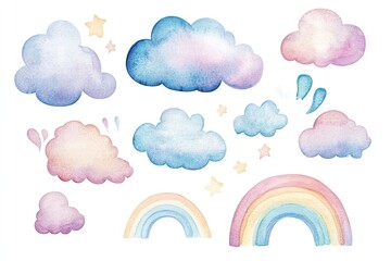 set of watercolor fluffy clouds and pastel rainbows hand drawn on a white background