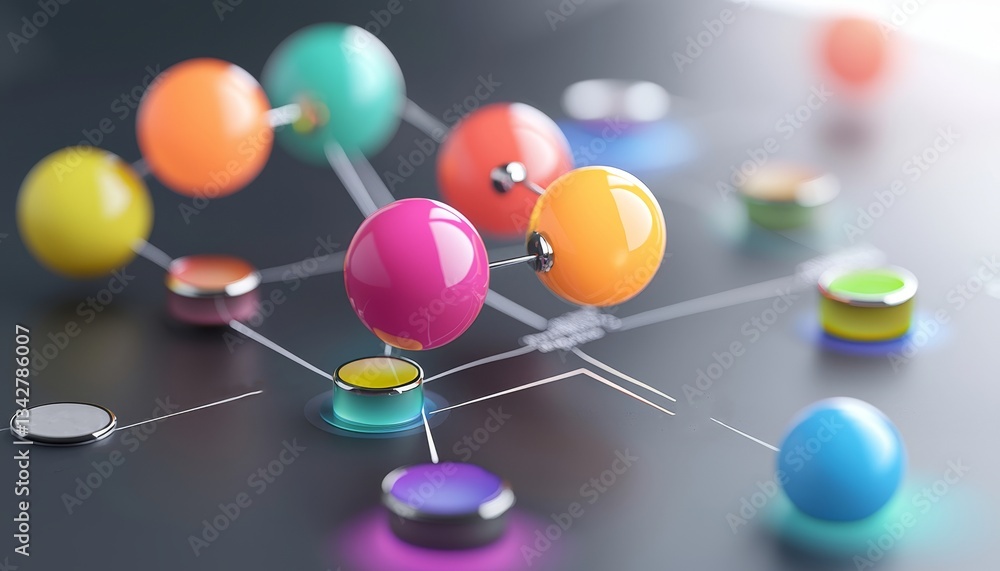 Poster a colorful abstract representation of interconnected spheres, symbolizing concepts like networking, 