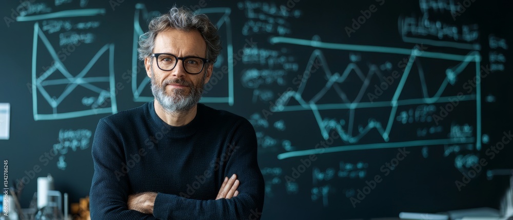 Poster a thoughtful man stands with crossed arms in front of a blackboard filled with graphs and equations,