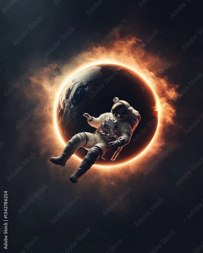 Poster astronaut floating in solar eclipse outer space digital art cosmic environment dramatic viewpoint sc