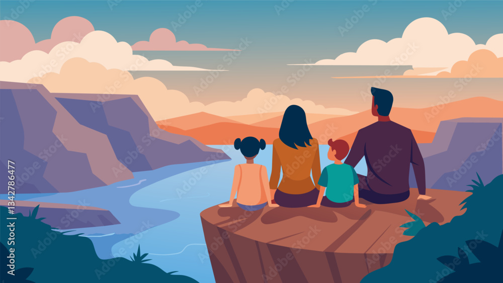 Aufkleber a family of four sitting on a large rock near the edge of a cliff enjoying a moment of peaceful sile