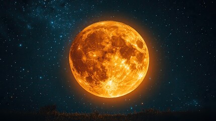 Obraz premium Orange full moon glows in the night sky, surrounded by stars, a cosmic landscape