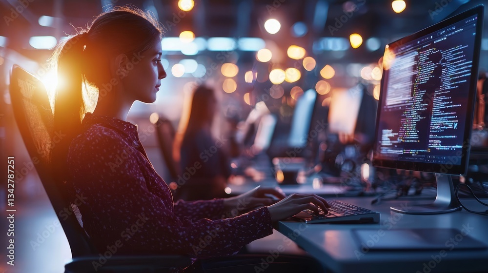 Poster a focused woman works on a computer, coding in a dimly lit environment, with soft bokeh lights in th
