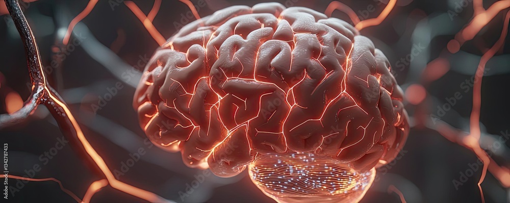 Poster artificial intelligence cyberspace and data network concept. a detailed close-up of a glowing brain 