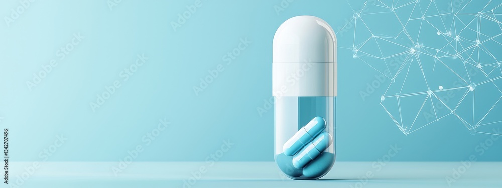 Poster blue capsule in transparent pill container with abstract background