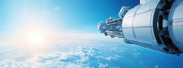 Fototapeta premium Spacecraft Launching Towards Earth with Sunlight in Background