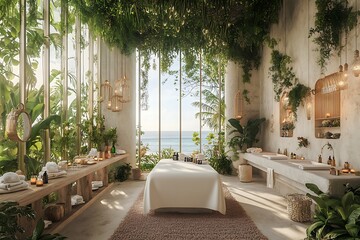 Relaxing spa setting with tropical foliage overlooking ocean, ideal wellness design