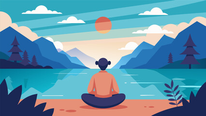 Fototapeta premium A person meditating on a peaceful lakeshore with no phone or laptop in sight.. Vector illustration