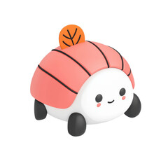 A cute, cartoonish sushi-themed toy car with a smiling face, featuring a pink sushi body and a leaf on top.