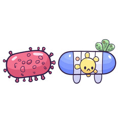Fototapeta premium Two cartoonish microorganisms, one red with spikes and another blue with a sun design and leaf, showcasing a playful and imaginative representation.