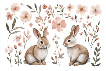 Obraz premium set of watercolor fluffy rabbits and spring flowers hand drawn on a white background