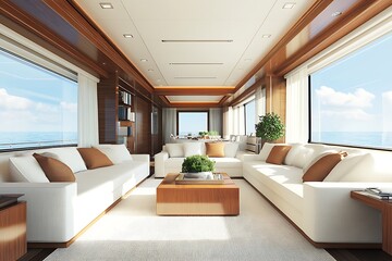 Fototapeta premium Luxurious yacht interior, white sofas, modern design, sea view. Editorial use