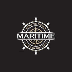 vintage retro steering wheel with compas for Maritime nautical windrose logo design