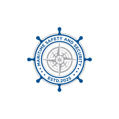 compass with steering wheel ship stamp badge for maritime nautical ship navy logo design