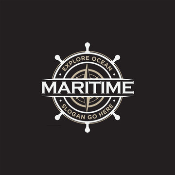 vintage retro steering wheel with compas for Maritime nautical windrose logo design