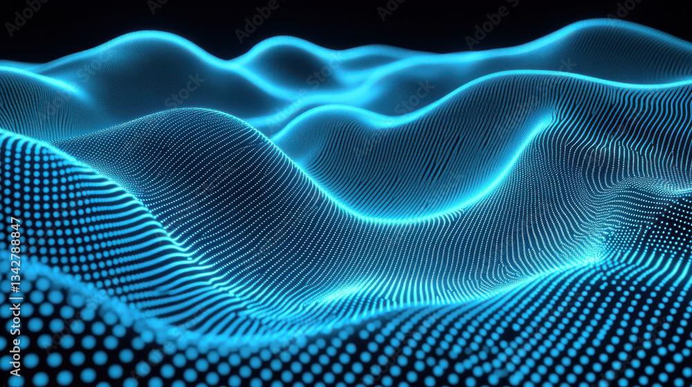 Poster digital waves of glowing cyan lines create mesmerizing pattern in dark background, evoking sense of 