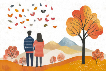 A couple enjoys a serene autumn landscape, surrounded by colorful leaves and trees, symbolizing change and togetherness.