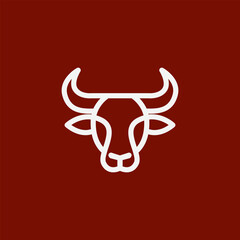Classic Line Bull cow bufallo head with horns logo for steak house, meat restaurant or butchery. Taurus symbol
