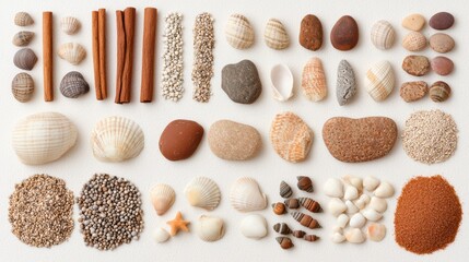 Assorted natural textures of shells and stones arranged artistically