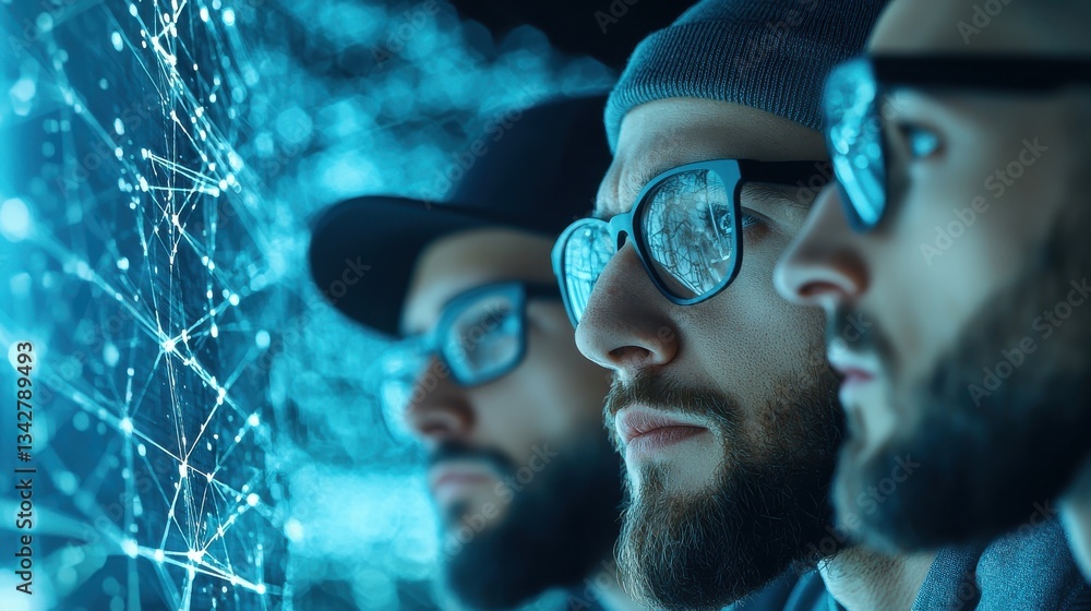 Poster focused men analyzing data insights with digital visualization