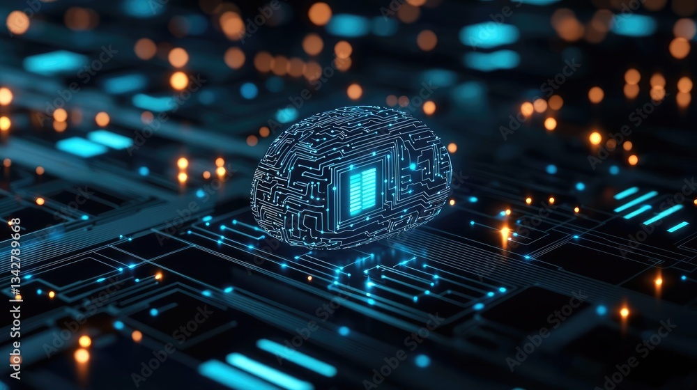 Poster artificial intelligence brain network and database concept. futuristic digital circuit with glowing 