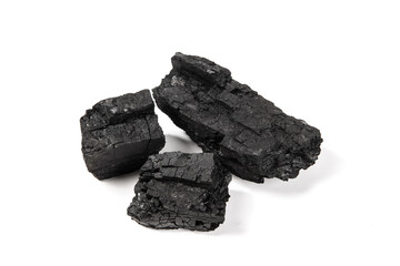 Natural wood charcoal isolated on white background.