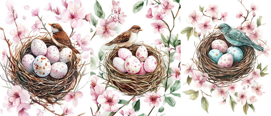 Watercolor illustration of an Easter nest with eggs and a bird, on a white background