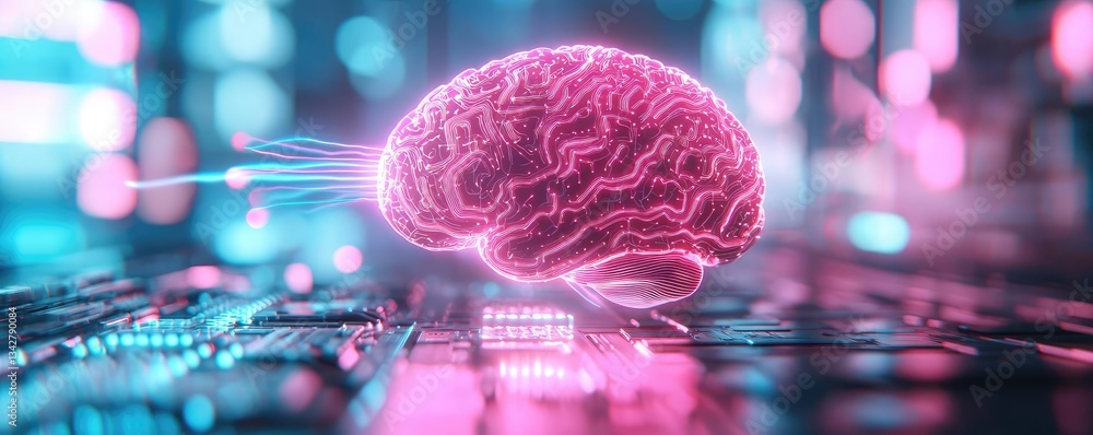 Poster artificial intelligence brain network and database concept. a futuristic digital brain with neon lig