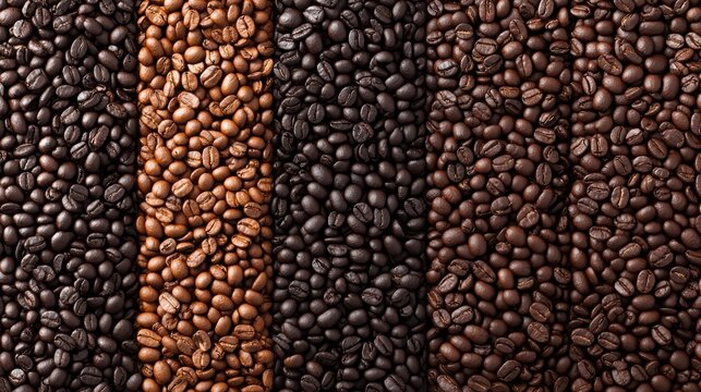 Varieties of roasted coffee beans in different shades