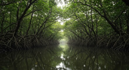 Serene mangrove river surrounded by lush greenery and tranquil waters