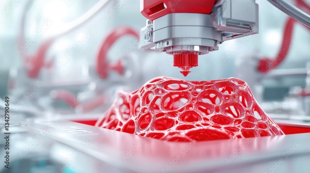 Poster advanced 3d printing technology creating red bioprinted structure