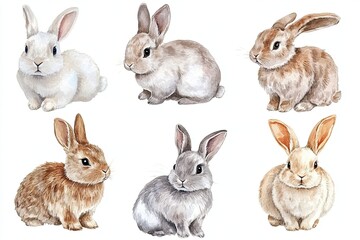 Fototapeta premium Set of watercolor fluffy rabbits hand drawn on a white background