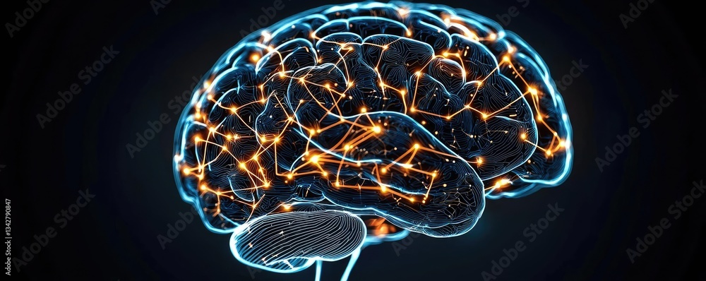 Poster artificial intelligence brain network and database concept. illustration of a brain with glowing neu
