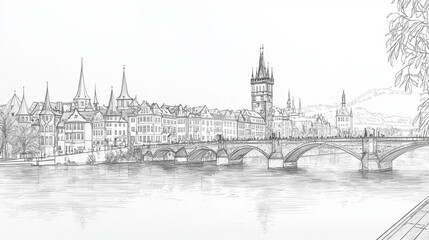 Fototapeta premium detailed sketch of picturesque cityscape featuring bridge over river, with charming buildings and towers in background. scene captures serene atmosphere, perfect for art lovers