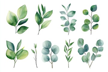 Naklejka premium Set of watercolor fresh green eucalyptus leaves hand drawn on white background