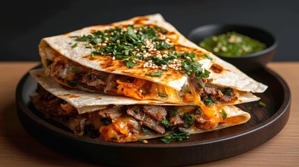 Kimchi Quesadillas: Korean-Mexican mashup with melted cheese, fermented kimchi, and bulgogi beef folded in a toasted tortilla