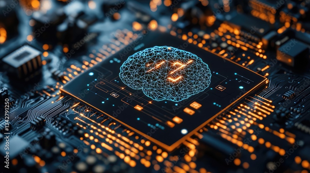 Poster artificial intelligence computing and brain network concept. innovative circuit board with a glowing