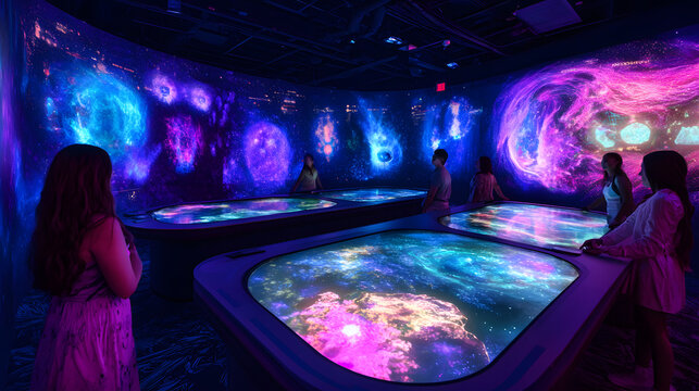 Engaging group of diverse people interacting with a colorful activation display at a vibrant festival creating a lively atmosphere.