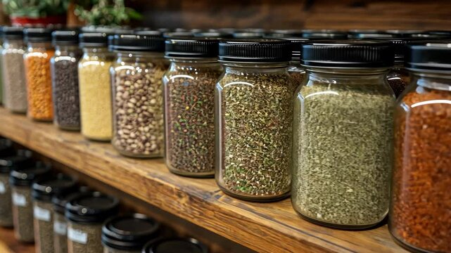 A Colorful Array of Grains and Seeds in Glass Jars on Wooden Shelf