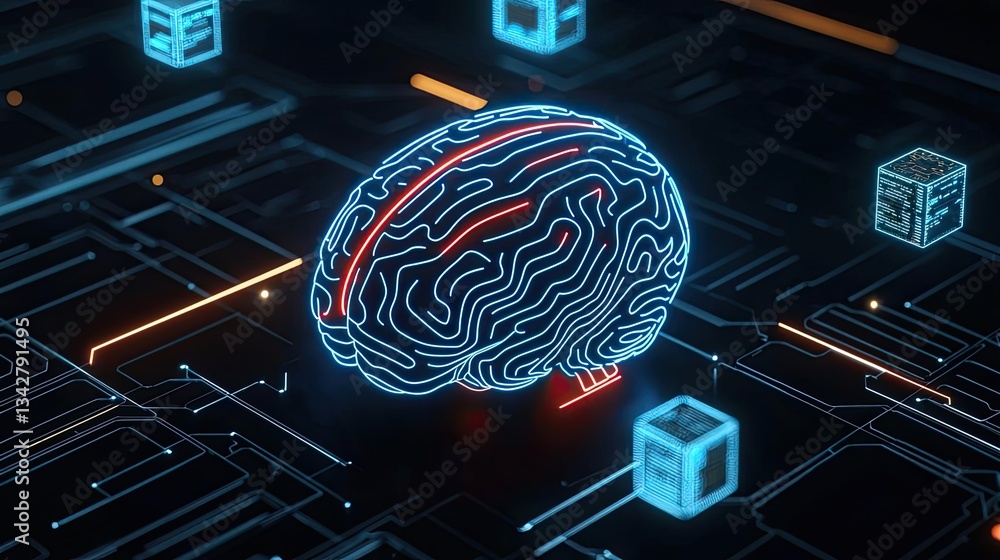Poster artificial intelligence cyberspace and data network concept. futuristic digital brain with neon circ
